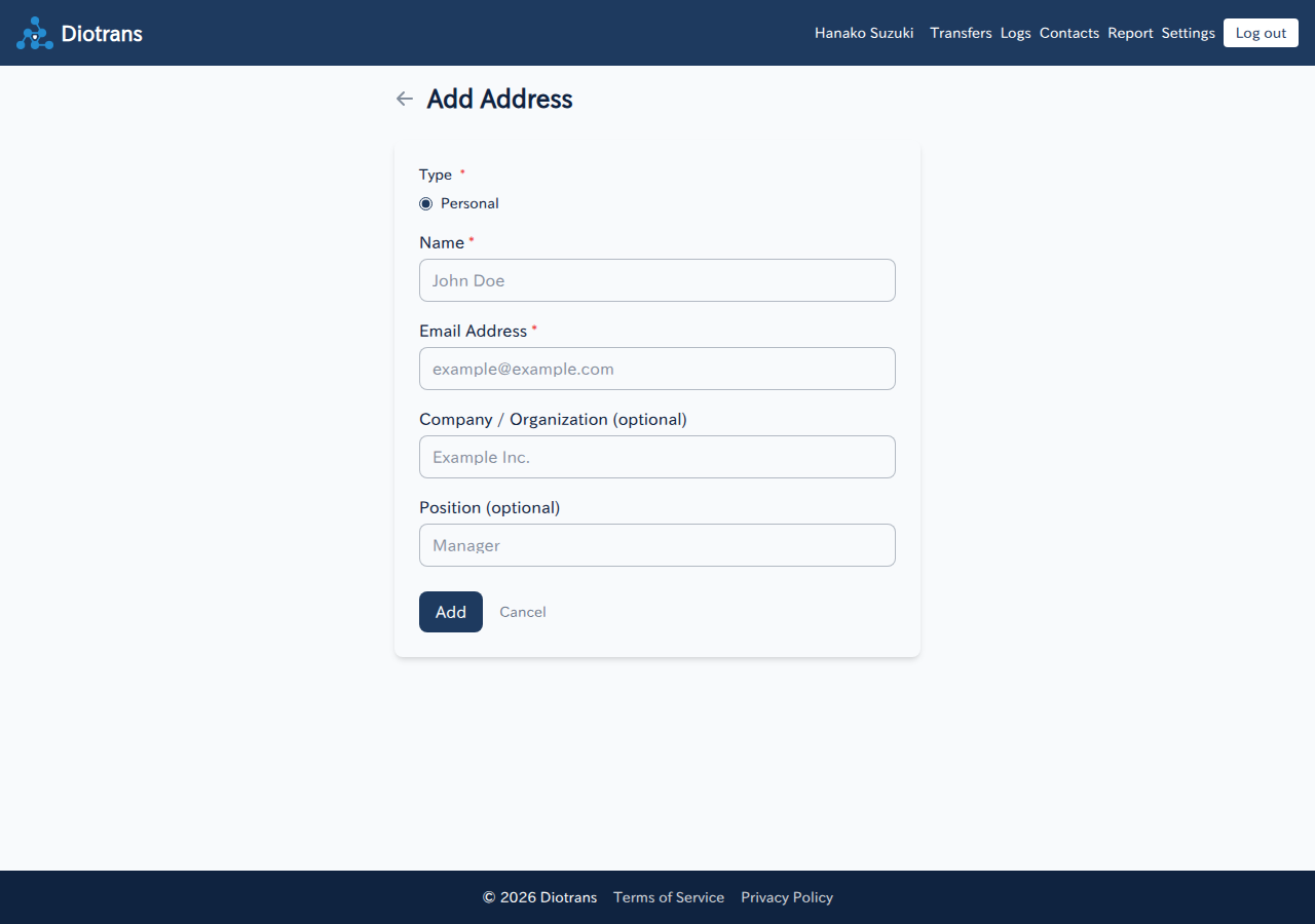 The add contact screen with type, name, email, company, and title fields