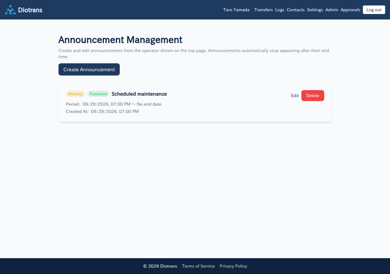 The announcement list with status, display period, and edit and delete actions