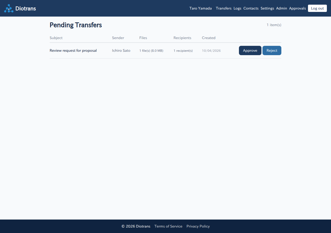 The pending transfers list with approve and reject buttons