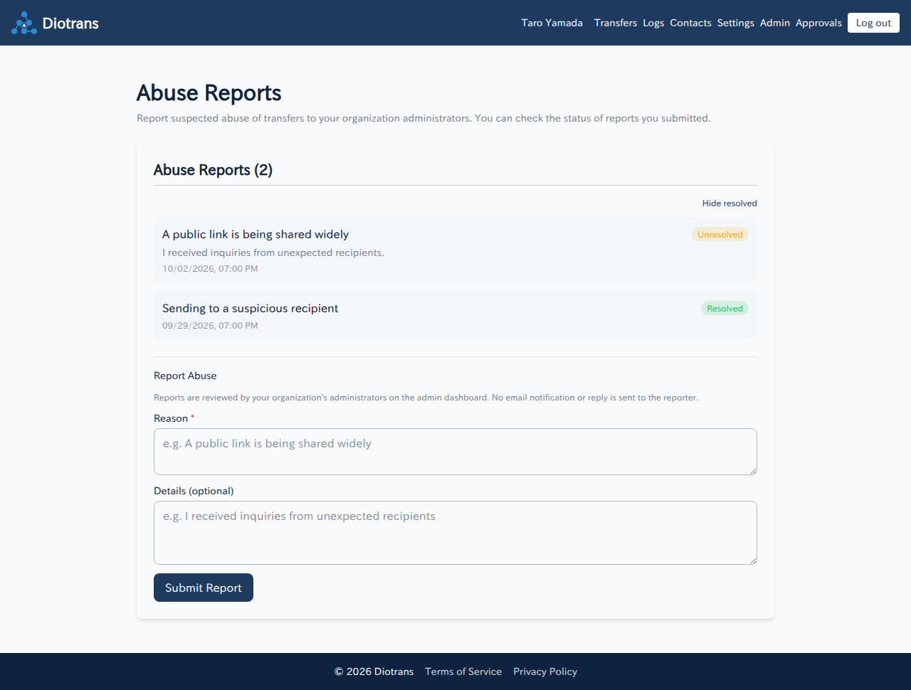 The abuse report list and submission form