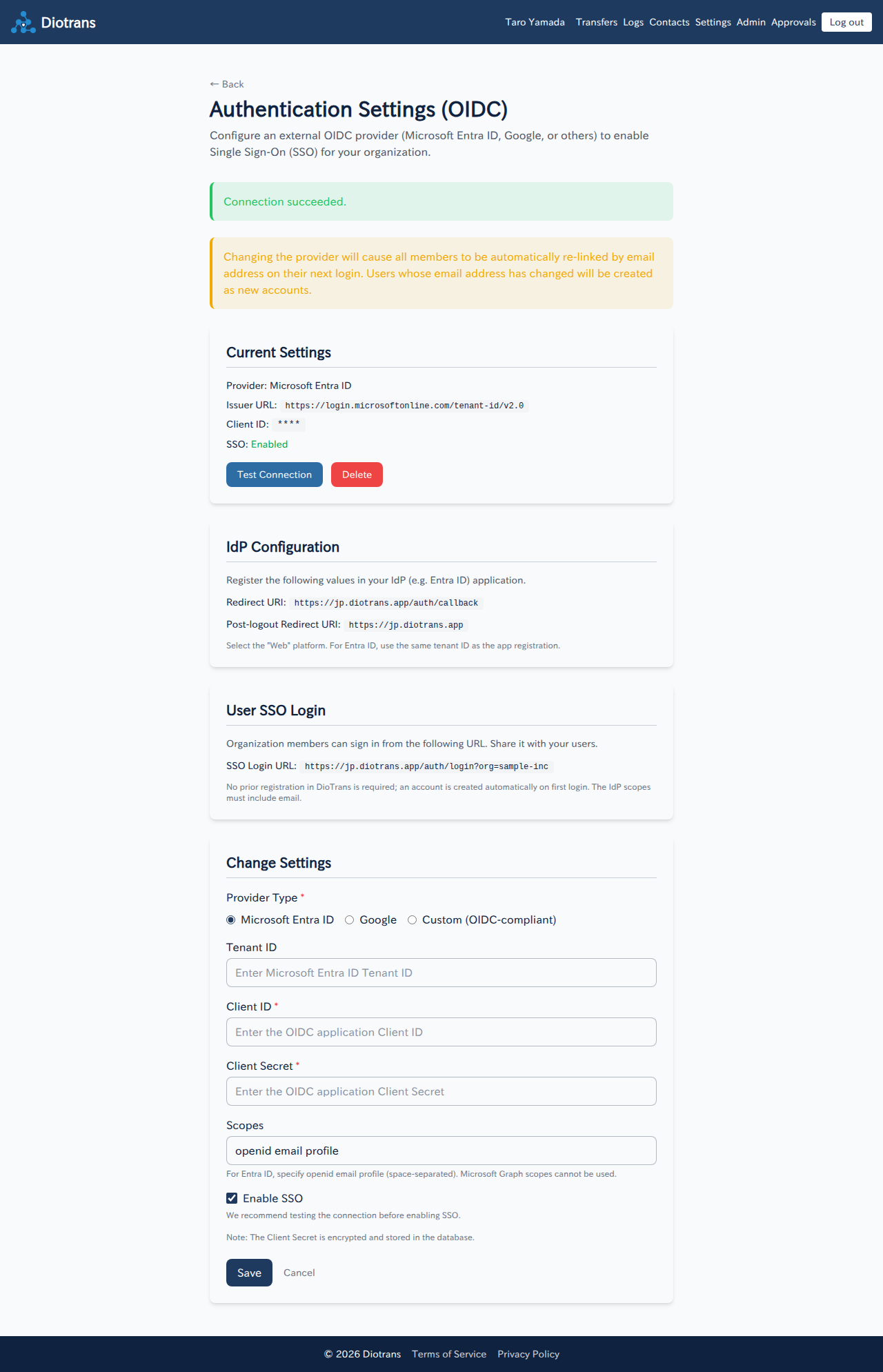 The OIDC settings screen with provider, issuer URL, client ID, SSO status, and a configuration form