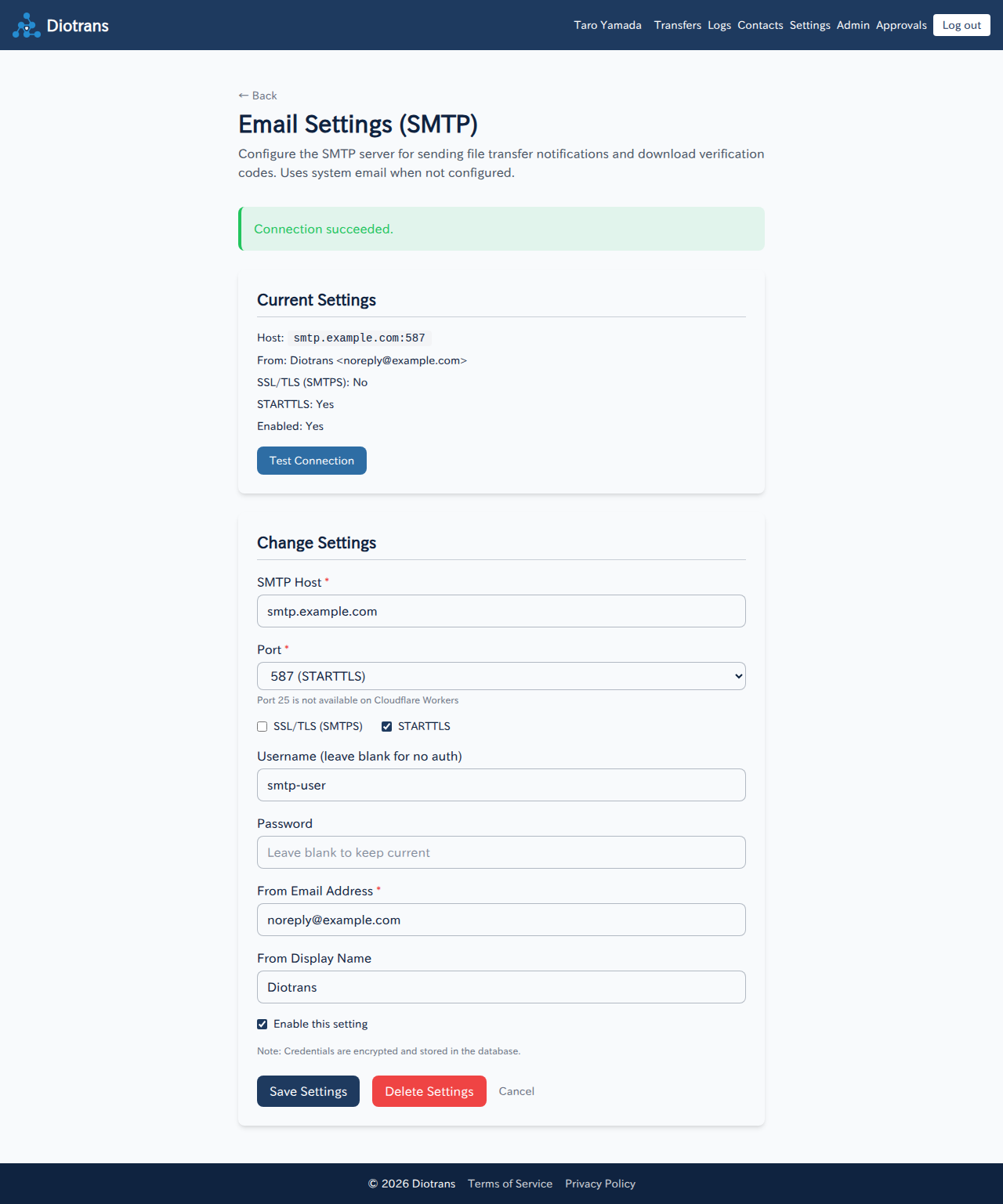 The SMTP settings screen with current settings, a change form, and a connection test