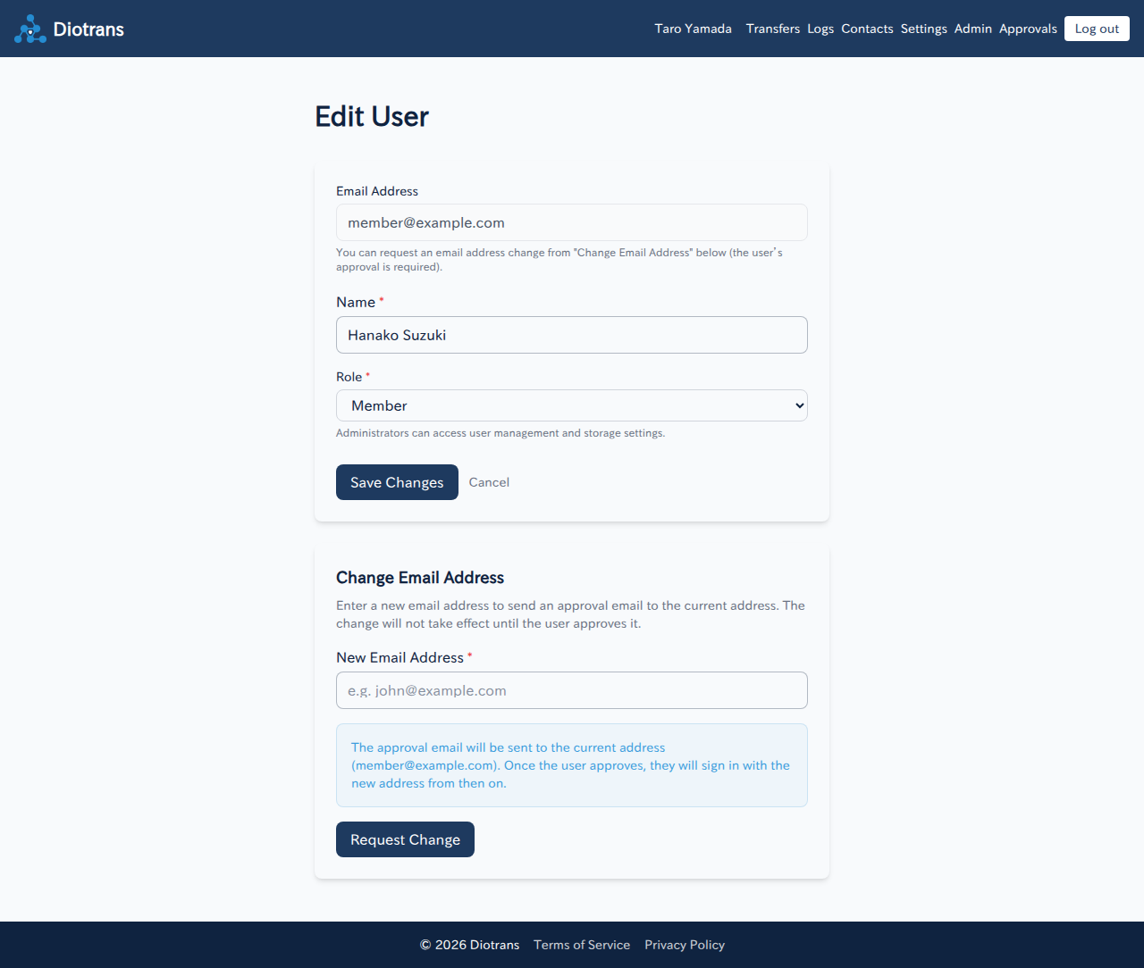The edit user screen with name and role fields and an email change request section