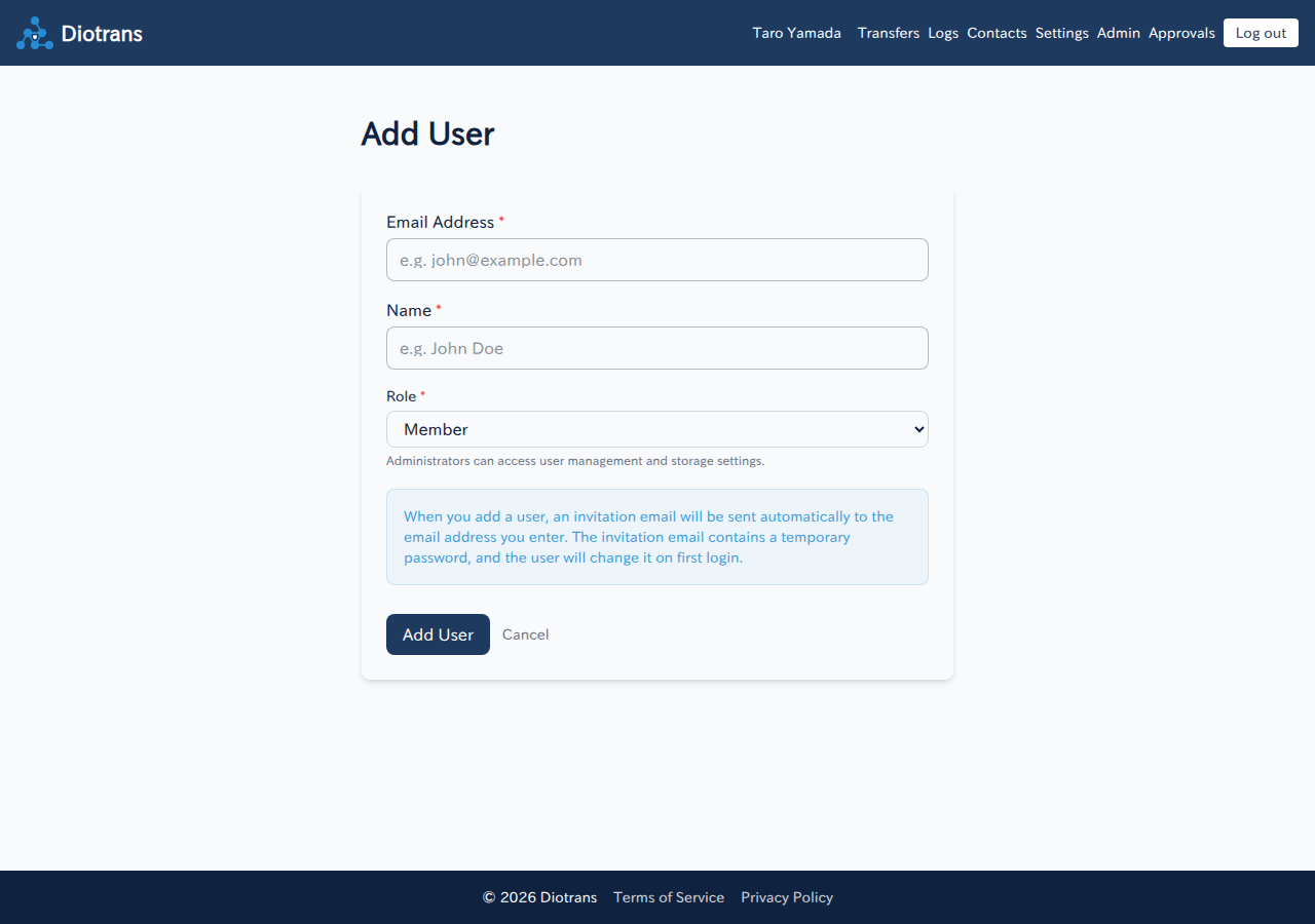 The add user screen with email, name, and role fields