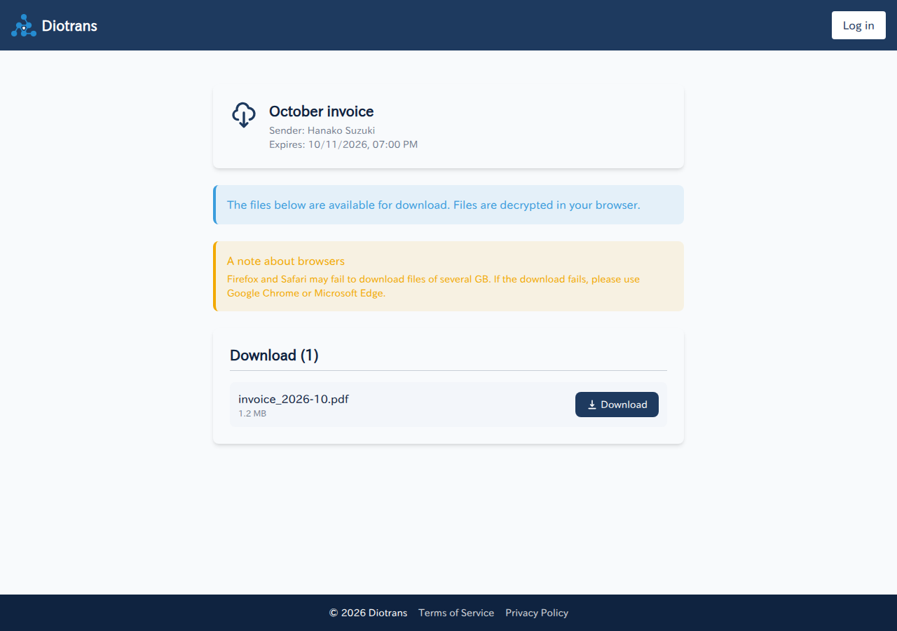 The download screen where recipients decrypt and save files