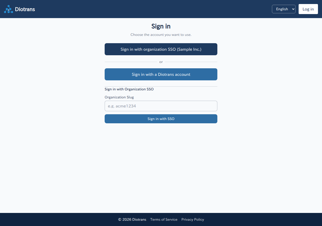 The organization SSO log-in screen with a slug field