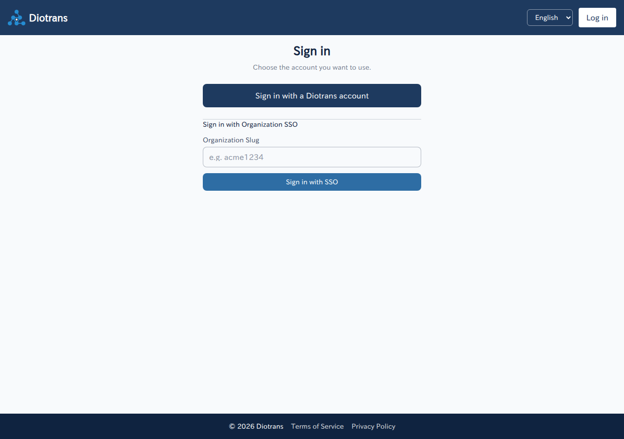The log-in screen with the Diotrans account button and organization SSO field