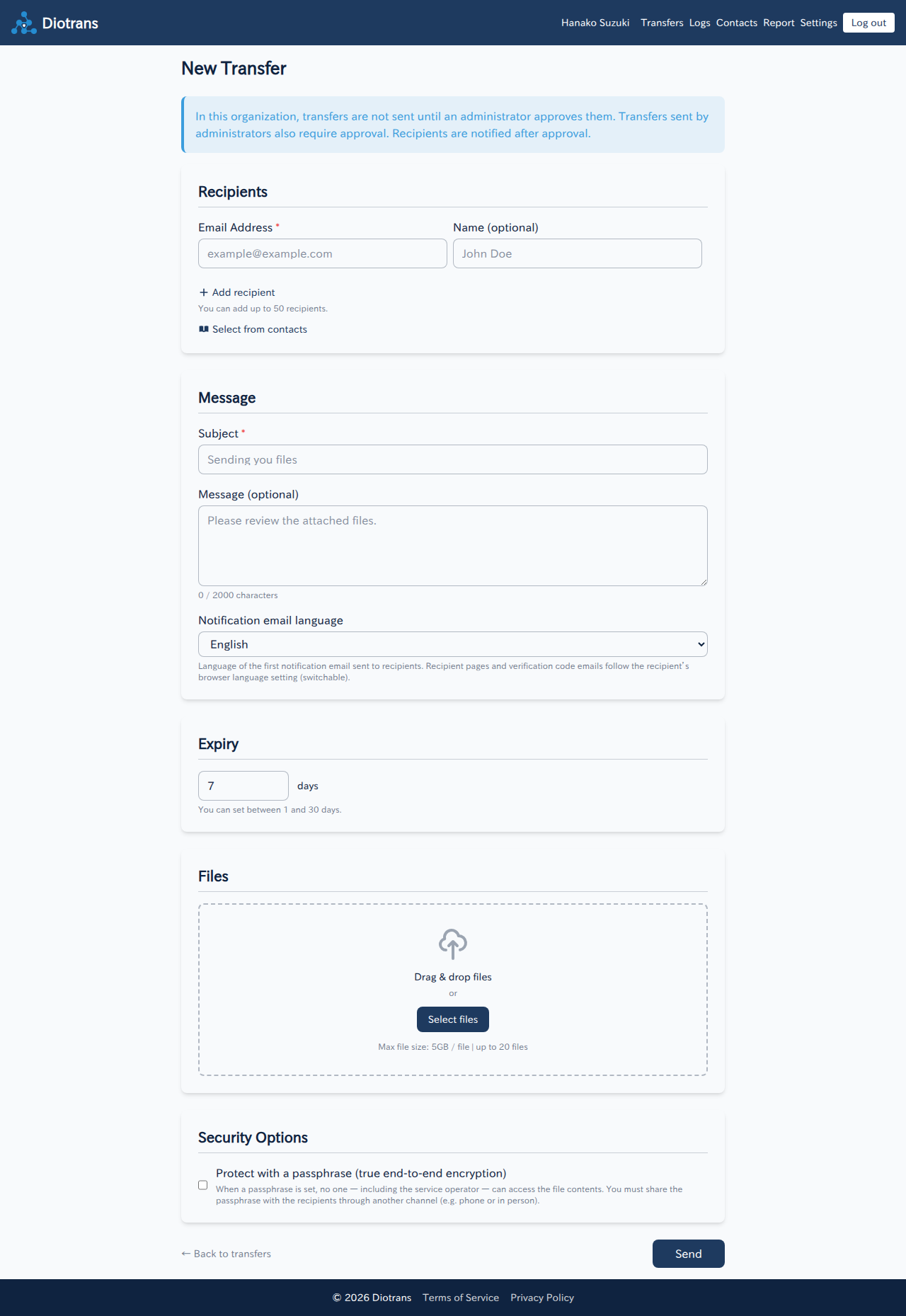 The new transfer screen with recipients, message, expiry, and files
