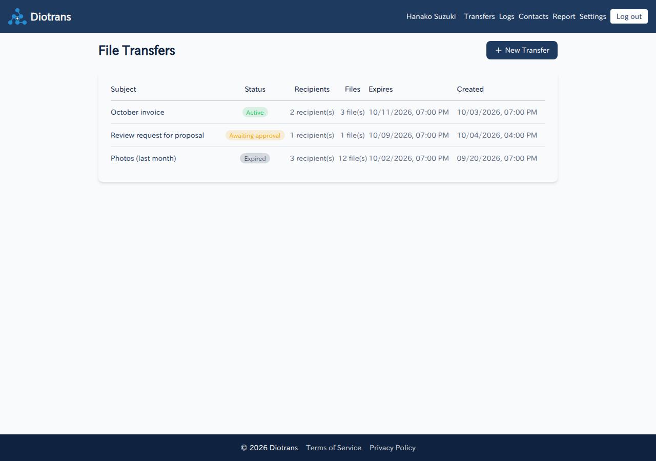 The file transfer list with the new transfer button and active, pending, and expired statuses