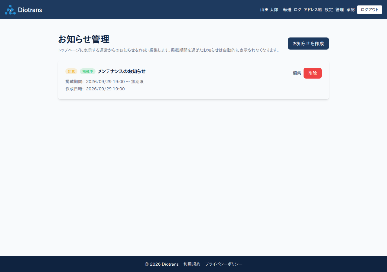 お知らせ管理の一覧。掲載中の状態、掲載期間、編集・削除の操作がある