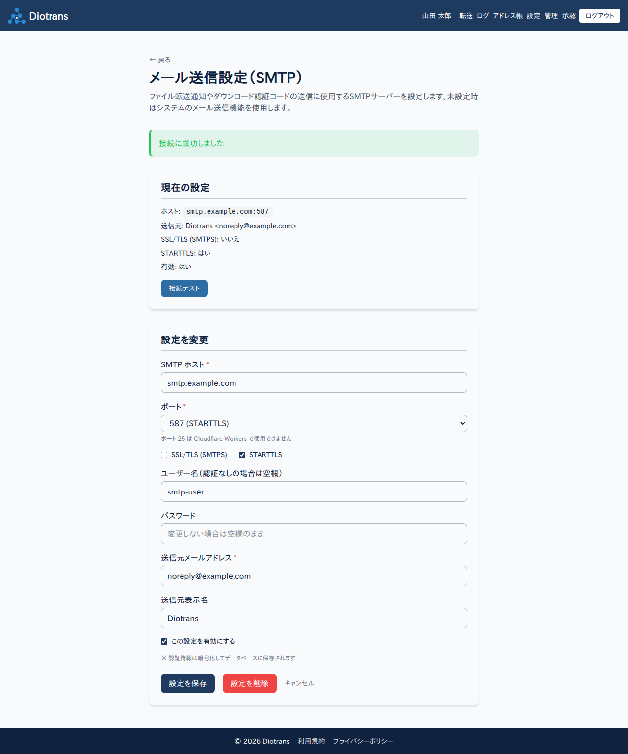 メール送信設定（SMTP）画面。現在の設定と変更フォーム、接続テストがある