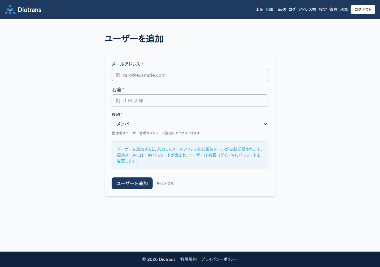 ユーザーを追加する画面。メールアドレス、名前、役割の入力欄がある